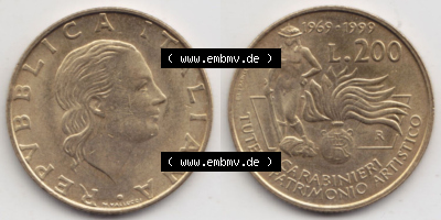 Münzen Italien / Italia Eurovorläufer, Gedenkmünze vor Euroeinführung 1999-1999, 200 Lire Carabinieri, Schutz der Kunsterbe.... Sammlung