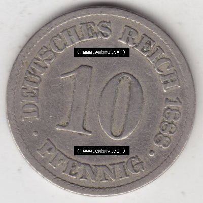 Münzen Deutschland 1871-1918 Kaiserreich 1873-1889, 10 Pfennig A, 1888. Vorderseite einer Münze aus dem deutschen Kaiserreich in Europa als Digitales Bild / Bildmaterial... Sammlung