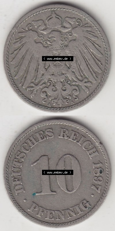Münzen Deutschland 1871-1918 Kaiserreich 1890-1916, 10 Pfennig A, 1897 (4) Sammlung