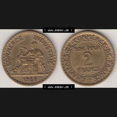 Münzen Frankreich Eurovorläufer, Umlaufmünze vor Euroeinführung 1920-1927, 2 Francs - Franken 1922-1. Vorderseite und Rückseite Nebeneinander einer Münze... Sammlung
