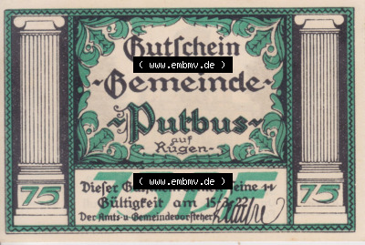 Notgeldscheine aus Putbus 1922, 75 Pfennig I (1) Sammlung