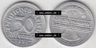 Münzen Deutschland 1918-1932 Weimarer Republik 1919-1922, 50 Pfennig J (3) Sammlung