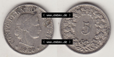 Münzen Schweiz Eurovorläufer, Umlaufmünze 1879-1980, 5 Rappen 1920 Helvetica (3) Sammlung