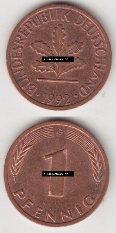 Münzen Deutschland 1 Pfennig-Deutsche Mark 1950-2001, 1 Pfennig 1992 G. Vorderseite und Rückseite in vertikaler Ansicht, einer... Sammlung