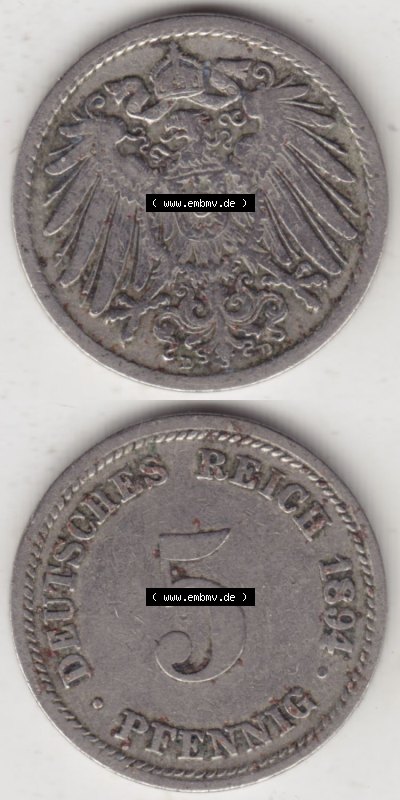 Münzen Deutschland 1871-1918 Kaiserreich 1890-1915, 5 Pfennig D, 1894 (4) Sammlung