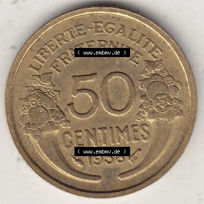 Alte Münzen Frankreich, Kursmünzensatz Zeitraum 1917-1952, der Münze 1931-1947, 50 Centimes, 1938-1. Rückseite einer Münze aus Frankreich in Europa... Sammlung