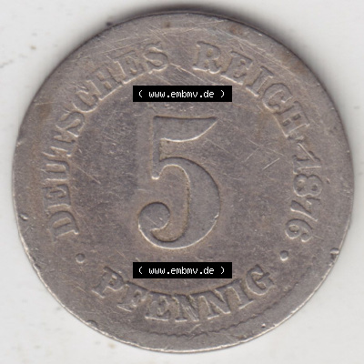 Münzen Deutschland 1871-1918 Kaiserreich 1874-1889, 5 Pfennig J, 1876 (1) Sammlung