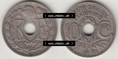 Münzen Frankreich Eurovorläufer, Umlaufmünze vor Euroeinführung 1917-1938, 10 Centimes, 10 CMES EGALITÉ FRATERNITÉ LIBERTÉ... Sammlung