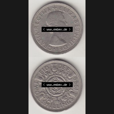 Münzen Großbritannien Eurovorläufer, Umlaufmünze vor Euroeinführung 1954-1970, 2 Schilling - Shillings 1966-3. Vorderseite und Rückseite vertikal untereinander... Sammlung