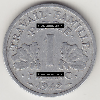 Münzen Frankreich Eurovorläufer, Umlaufmünze vor Euroeinführung 1942-1944, 1 Franken - Francs 1942. Rückseite einer Münze... Sammlung