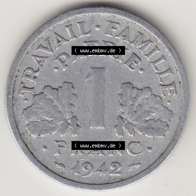 Münzen Frankreich Eurovorläufer, Umlaufmünze vor Euroeinführung 1942-1944, 1 Franken - Francs 1942. Rückseite einer Münze aus Europa als Digitales Bild... Sammlung