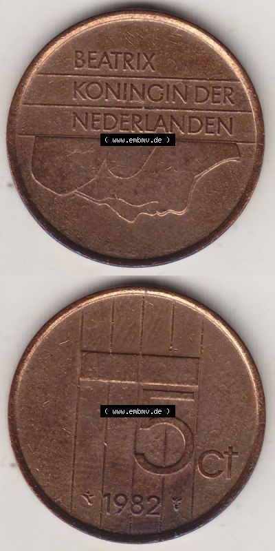 Münzen Niederlande / Netherlands Eurovorläufer, Umlaufmünze vor Euroeinführung 1982-2001, 5 Ct Cent 1982, Königin Beatrix... Sammlung