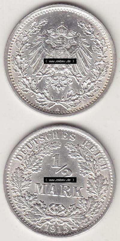 Münzen Deutschland 1871-1918 Kaiserreich Silbermünze 1905-1919, 1/2 Mark A 1915. Vorderseite und Rückseite Vertikal Untereinander,... Sammlung