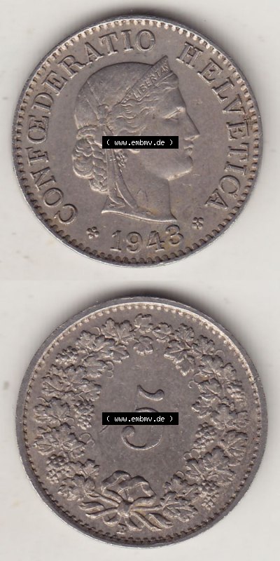 Münzen Schweiz Eurovorläufer, Umlaufmünze 1879-1980, 5 Rappen 1943 Helvetica (4) Sammlung