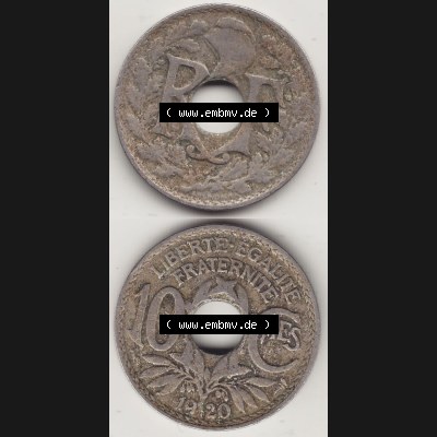Münzen Frankreich Eurovorläufer, Umlaufmünze vor Euroeinführung 1917-1938, 10 Centimes - Cmes 1920. Vorderseite und Rückseite Vertikal Untereinander, passend... Sammlung
