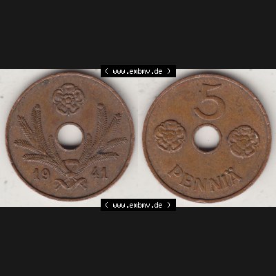 Alte Münzen Finnland, inoffizieller privater Kursmünzensatz / KMS - Zusammenstellung, mit Münze 1941-1943, 5 Penny, Penniä, Kupfer 1941-1. Rückseite... Sammlung