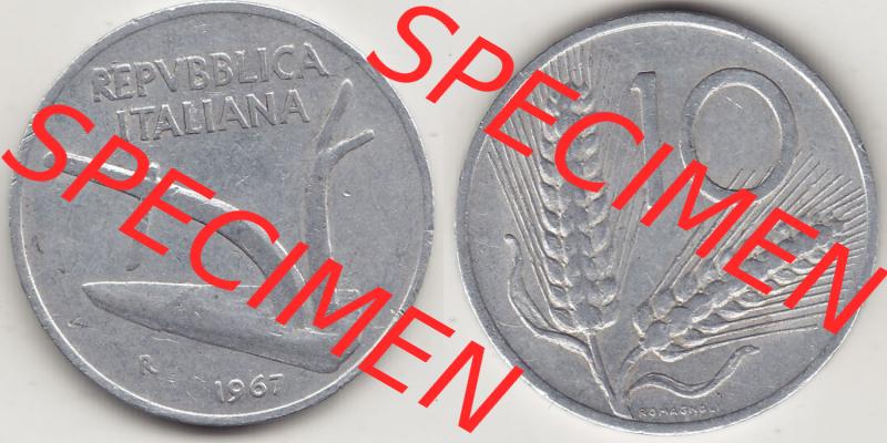 Münzen Italien / Italia Eurovorläufer, Umlaufmünze vor Euroeinführung 1951-2001, 10 Lire 1967. Vorderseite und Rückseite Nebeneinander einer Münze aus... Sammlung