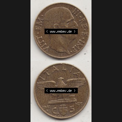 Münzen Italien / Italia Eurovorläufer, Umlaufmünze vor Euroeinführung 1939-1943, 5 Centesimi, Cent, Viktor Emanuel III. C.5 G ROMAGNOLI ITALIA... Sammlung