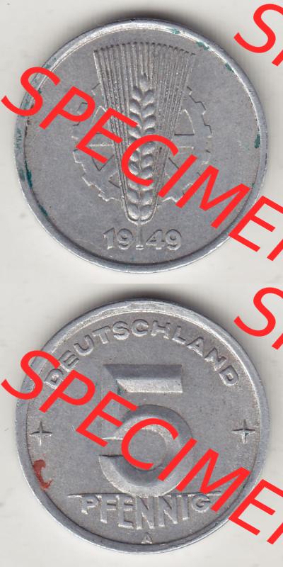 Münzen Deutschland DDR 1948-1950, A 5 Pfennig 1949-1. Vorderseite und Rückseite einer Münze in Vertikaler Ausrichtung auf einen Bild, einer 5 Pfennig Münze der ehemaligen... Sammlung