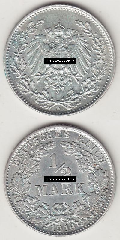 Münzen Deutschland 1871-1918 Kaiserreich Silbermünze 1905-1919, 1/2 Mark D 1916. Vorderseite und Rückseite Vertikal Untereinander,... Sammlung