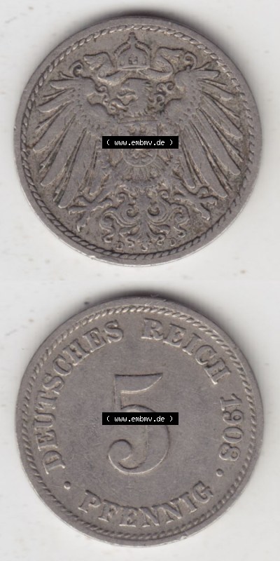 Münzen Deutschland 1871-1918 Kaiserreich 1890-1915, 5 Pfennig D, 1908 (4) Sammlung
