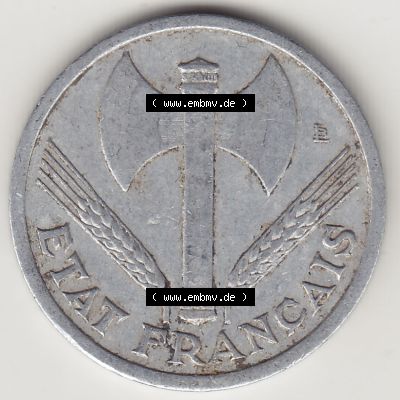 Münzen Frankreich Eurovorläufer, Umlaufmünze vor Euroeinführung 1942-1944, 1 Franken - Francs 1943-2. Vorderseite einer Münze aus Europa als Digitales Bild /... Sammlung