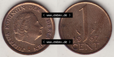Münzen Niederlande / Netherlands Eurovorläufer, Umlaufmünze vor Euroeinführung 1950-1980, 1 Cent 1967 Königin Juliana, alte... Sammlung
