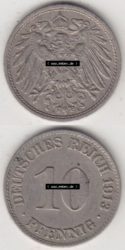 Münzen Deutschland 1871-1918 Kaiserreich 1890-1916, 10 Pfennig A, 1913 II (4) Sammlung