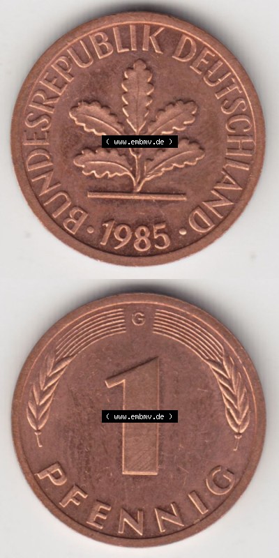 Münzen Deutschland 1 Pfennig-Deutsche Mark 1950-2001, 1 Pfennig 1985 G. Vorderseite und Rückseite in vertikaler Ansicht, einer... Sammlung