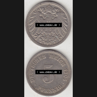 Münzen Deutschland 1871-1918 Kaiserreich 1890-1915, 5 Pfennig J, 1906 (4) Sammlung