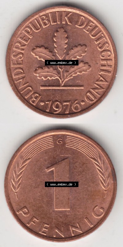 Münzen Deutschland 1 Pfennig-Deutsche Mark 1950-2001, 1 Pfennig 1976 G. Vorderseite und Rückseite in vertikaler Ansicht, einer... Sammlung