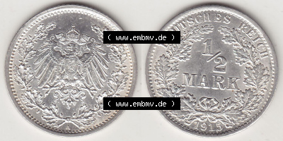 Münzen Deutschland 1871-1918 Kaiserreich Silbermünze 1905-1919, 1/2 Mark A 1915. Vorderseite und Rückseite Nebeneinander einer... Sammlung