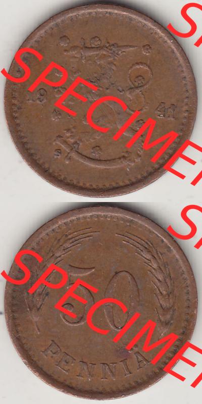 Alte Münzen Finnland, inoffizieller privater Kursmünzensatz / KMS - Zusammenstellung, mit Münze 1940-1943, 50 Penny, Penniä, Kupfer 1941-1.... Sammlung