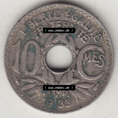 Münzen Frankreich Eurovorläufer, Umlaufmünze vor Euroeinführung 1917-1938, 10 Centimes, 10 CMES EGALITÉ FRATERNITÉ LIBERTÉ 1933-1. Rückseite... Sammlung