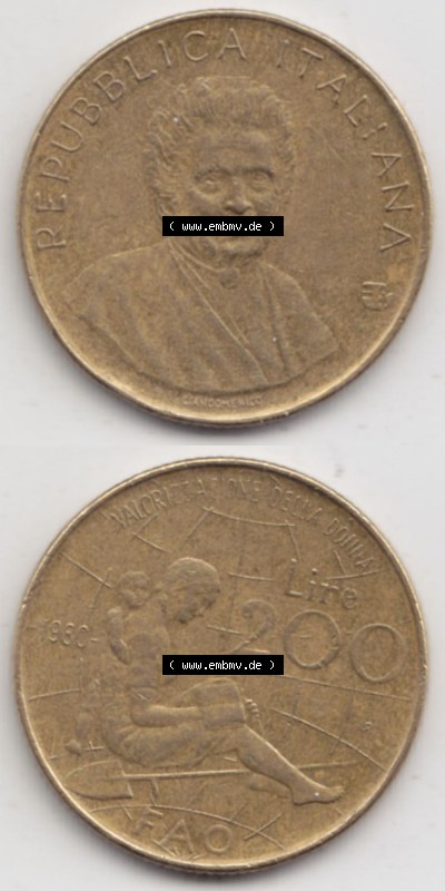 Münzen Italien / Italia Eurovorläufer, Gedenkmünze vor Euroeinführung 1980-1980, 200 Lire FAO - Internationales Jahr der Frau.... Sammlung
