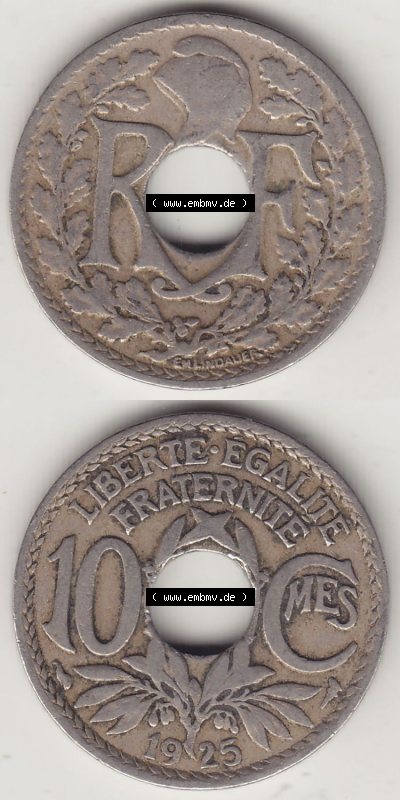Münzen Frankreich Eurovorläufer, Umlaufmünze vor Euroeinführung 1917-1938, 10 Centimes - Cmes 1925. Vorderseite und Rückseite... Sammlung