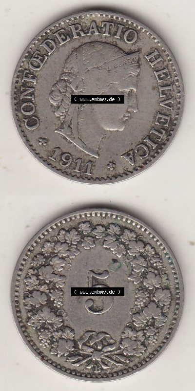 Münzen Schweiz Eurovorläufer, Umlaufmünze 1879-1980, 5 Rappen 1911 Helvetica (4) Sammlung