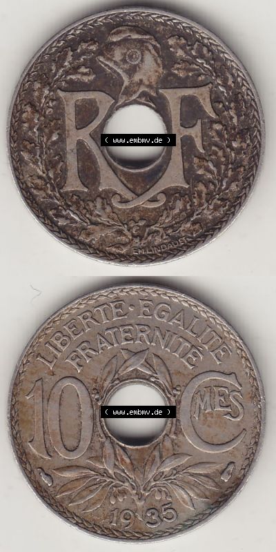 Münzen Frankreich Eurovorläufer, Umlaufmünze vor Euroeinführung 1917-1938, 10 Centimes - Cmes 1935 (Stück 1). Vorderseite... Sammlung