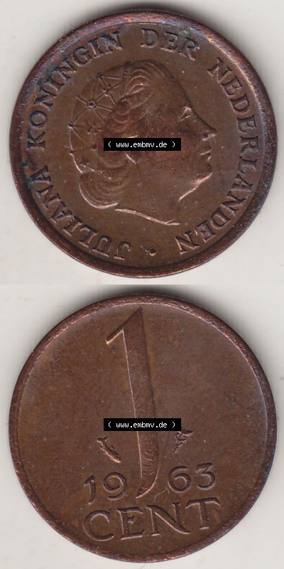 Münzen Niederlande / Netherlands Eurovorläufer, Umlaufmünze vor Euroeinführung 1950-1980, 1 Cent 1963, alte Münze (4) Sammlung