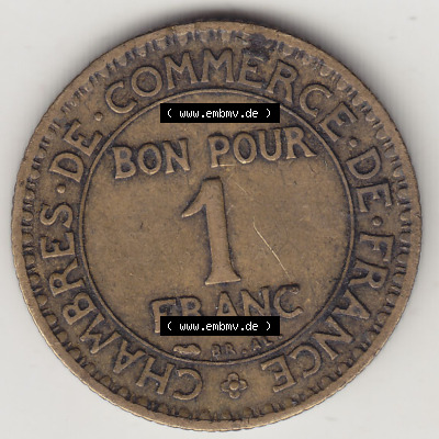 Münzen Frankreich Eurovorläufer, Umlaufmünze vor Euroeinführung 1920-1927, 1 Franken BON POUR 1 FRANC 1924 (Stück 2). Rückseite... Sammlung