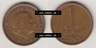 Münzen Niederlande / Netherlands Eurovorläufer, Umlaufmünze vor Euroeinführung 1950-1980, 1 Cent 1960 JULIANA (3) Sammlung