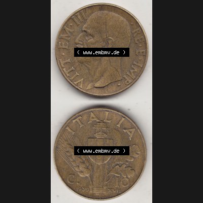 Münzen Italien / Italia Eurovorläufer, Umlaufmünze vor Euroeinführung 1939-1943, 10 Centesimi, Cent, Viktor Emanuel III. VITT EM III RE E IMP 1939-1.... Sammlung