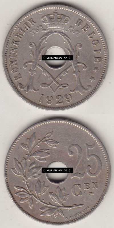Münzen Belgien Eurovorläufer, Umlaufmünze vor Euroeinführung 1910-1929, 25 Centime - KONINKRIJK BELGIË 1929 (4) Sammlung