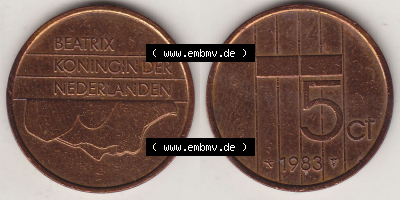 Münzen Niederlande / Netherlands Eurovorläufer, Umlaufmünze vor Euroeinführung 1982-2001, 5 Ct Cent 1983 (Stück 3) Königin... Sammlung