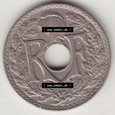 Alte Münzen Frankreich, Kursmünzensatz Zeitraum 1917-1952, der Münze 1920-1938, 5 Cmes, Centimes 1937-1. Vorderseite einer Münze aus Frankreich in Europa... Sammlung
