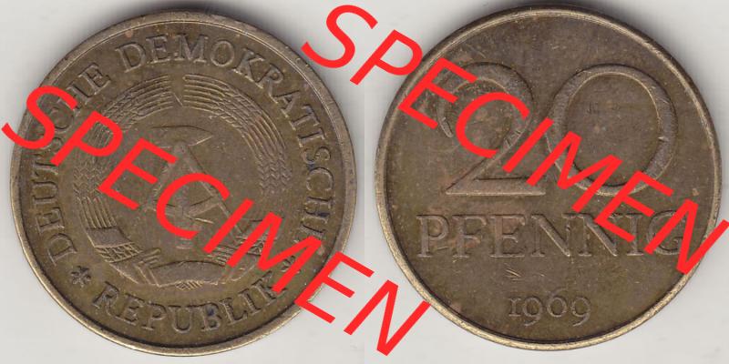 Münzen Deutschland DDR 1969-1990, 20 Pfennig 1969-5, DDR-Telefonmünze. Vorderseite und Rückseite Nebeneinander einer 20 Pfennig Münze / Umlaufmünze in der... Sammlung