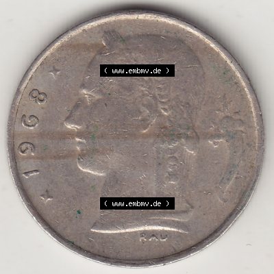 Münzen Belgien Eurovorläufer, Umlaufmünze vor Euroeinführung 1950-1988, 1 FR-Franken 1968 België. Rückseite einer Münze aus Europa als Digitales Bild... Sammlung