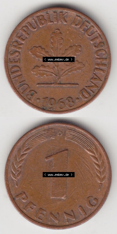 Münzen Deutschland 1 Pfennig-Deutsche Mark 1950-2001, 1 Pfennig 1968 D. Vorderseite und Rückseite in vertikaler Ansicht, einer... Sammlung