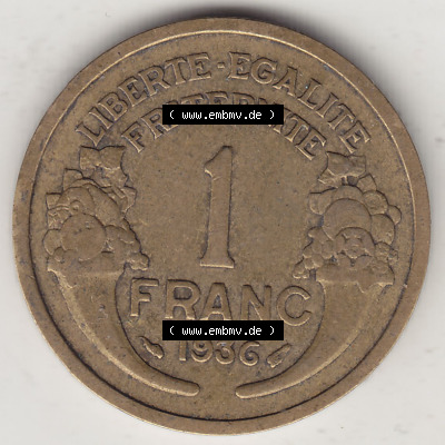Münzen Frankreich Eurovorläufer, Umlaufmünze vor Euroeinführung 1931-1941, 1 Franken, 1 Franc, 1936 (Stück 1) LIBERTE EGALITE... Sammlung