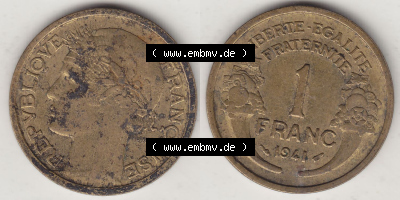 Münzen Frankreich Eurovorläufer, Umlaufmünze vor Euroeinführung 1931-1941, 1 Franken, 1 Franc, 1941 (Stück 1) LIBERTE EGALITE... Sammlung
